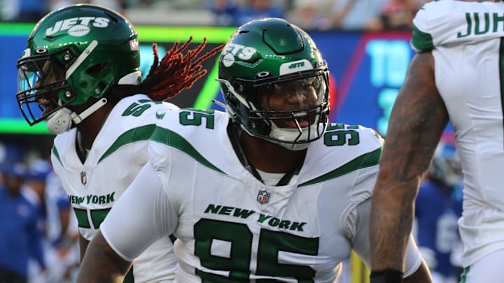 East Rutherford, NJ August 26, 2023 -- Quinnen Williams of the Jets reacts to a sack in the first half. The NY Jets against the NY Giants on August 26, 2023 at MetLife Stadium in East Rutherford, NJ, as the rivals play their final preseason game before the start of the NFL season.