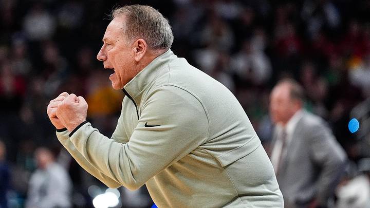 Michigan State head coach Tom Izzo reacts to a play against Wisconsin during the second half of Big Ten Tournament semifinal at Gainbridge Fieldhouse in Indianapolis, Ind. on Saturday, March 15, 2025.