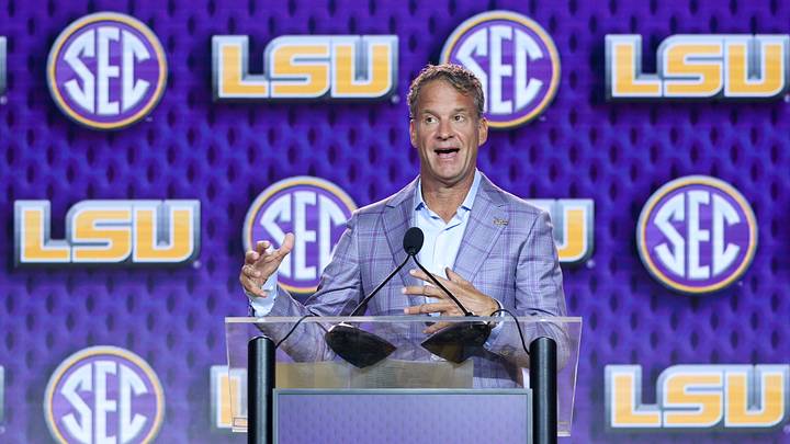 Jul 23, 2026; Tampa, FL, USA; LSU Tigers head coach Lane Kiffin speaks to the press during SEC Football Kickoff Media Day at the Tampa Marriott. Mandatory Credit: Nathan Ray Seebeck-Imagn Images
