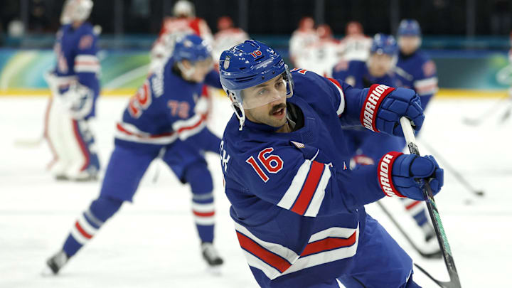 Feb 14, 2026; Milan, Italy; Vincent Trocheck of United States during the warm up before the match against Denmark in men's ice hockey group C play during the Milano Cortina 2026 Olympic Winter Games at Milano Santagiulia Ice Hockey Arena. Mandatory Credit: Geoff Burke-Imagn Images Feb 14, 2026; Milan, Italy; Vincent Trocheck of United States during the warm up before the match against Denmark in men's ice hockey group C play during the Milano Cortina 2026 Olympic Winter Games at Milano Santagiulia Ice Hockey Arena. Mandatory Credit: Geoff Burke-Imagn Images