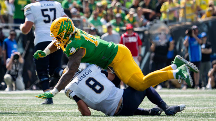 Oregon outside linebacker Matayo Uiagalelei sacks Montana State quarterback Justin Lamson as the Oregon Ducks host the Montana State Bobcats on Aug. 30, 2025, at Autzen Stadium in Eugene, Oregon. Oregon outside linebacker Matayo Uiagalelei sacks Montana State quarterback Justin Lamson as the Oregon Ducks host the Montana State Bobcats on Aug. 30, 2025, at Autzen Stadium in Eugene, Oregon.