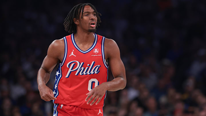 Apr 22, 2024; New York, New York, USA;  Philadelphia 76ers guard Tyrese Maxey (0) runs up court