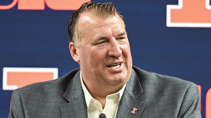 Jul 23, 2024; Indianapolis, IN, USA; Illinois Fighting Illini head coach Bret Bielema speaks to the media during the Big 10 football media day at Lucas Oil Stadium. Mandatory Credit: Robert Goddin-Imagn Images Jul 23, 2024; Indianapolis, IN, USA; Illinois Fighting Illini head coach Bret Bielema speaks to the media during the Big 10 football media day at Lucas Oil Stadium. Mandatory Credit: Robert Goddin-Imagn Images