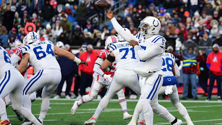 Dec 1, 2024; Foxborough, Massachusetts, USA; Indianapolis Colts quarterback Anthony Richardson (5) throws a pass during the second half against the New England Patriots at Gillette Stadium. Mandatory Credit: Bob DeChiara-Imagn Images Dec 1, 2024; Foxborough, Massachusetts, USA; Indianapolis Colts quarterback Anthony Richardson (5) throws a pass during the second half against the New England Patriots at Gillette Stadium. Mandatory Credit: Bob DeChiara-Imagn Images