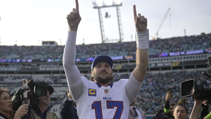 Jan 11, 2026; Jacksonville, FL, USA; Buffalo Bills quarterback Josh Allen (17) after an AFC Wild Card Round game against the Jacksonville Jaguars at EverBank Stadium. Mandatory Credit: Melina Myers-Imagn Images