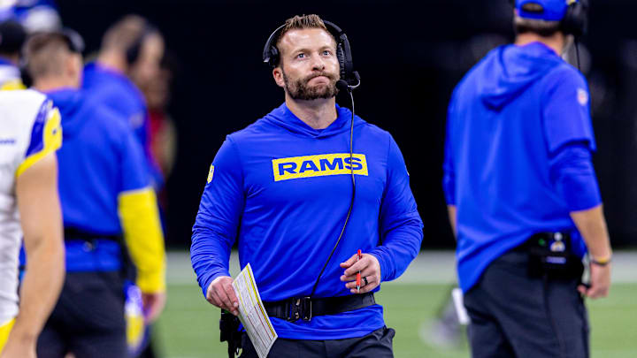 Dec 1, 2024; New Orleans, Louisiana, USA;  Los Angeles Rams head coach Sean McVay looks on against the New Orleans Saints during the second half at Caesars Superdome.
