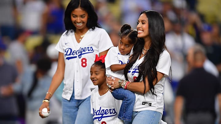 USA; Natalia Bryant with sisters Bianka and Capri with their mother Vanessa Bryant in attendance at Dodger Stadium