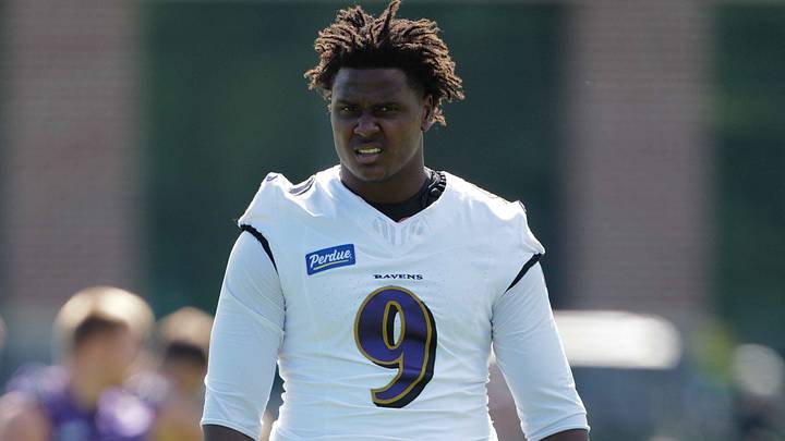 Jul 30, 2026; Owings Mills, MD, USA; Baltimore Ravens linebacker Zion Young (9) during practice drills at Under Armour Peformance Center. Mandatory Credit: Mitch Stringer-Imagn Images Jul 30, 2026; Owings Mills, MD, USA; Baltimore Ravens linebacker Zion Young (9) during practice drills at Under Armour Peformance Center. Mandatory Credit: Mitch Stringer-Imagn Images