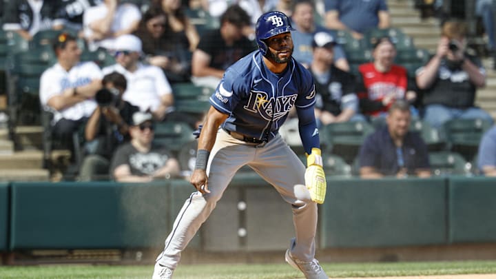 Apr 16, 2026; Chicago, Illinois, USA; Tampa Bay Rays center fielder Cedric Mullins (31) reacts after scoring against the Chicago White Sox during the seventh inning at Rate Field. Mandatory Credit: Kamil Krzaczynski-Imagn Images