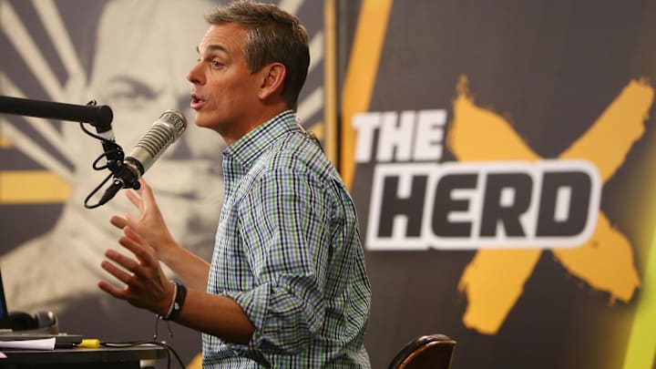 Feb 1, 2016; San Francisco, CA, USA; Radio personality Colin Cowherd broadcasts on radio row at the Moscone Center in advance of Super Bowl 50 between the Carolina Panthers and the Denver Broncos. Mandatory Credit: Jerry Lai-Imagn Images