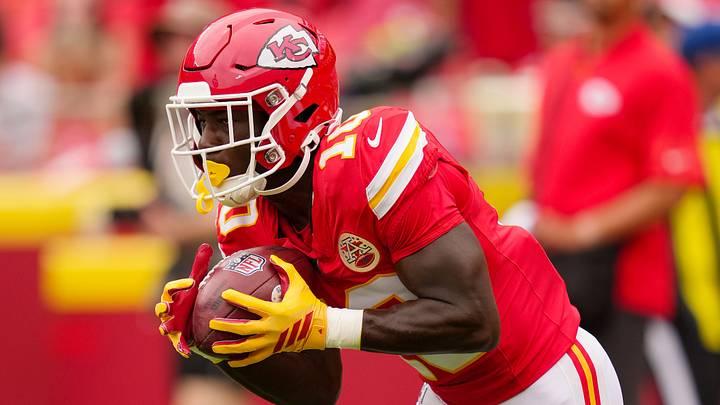 Aug 15, 2026; Kansas City, Missouri, USA; Kansas City Chiefs running back Emmett Johnson (10) warms up prior to a game against the Los Angeles Rams at at Arrowhead Stadium. Mandatory Credit: Jay Biggerstaff-Imagn Images