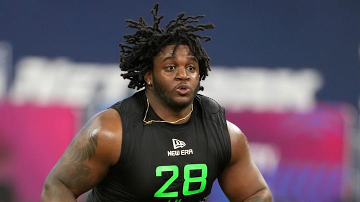 Mar 2, 2025; Indianapolis, IN, USA; Missouri offensive lineman Armand Membou (OL28) during the 2025 NFL Scouting Combine at Lucas Oil Stadium. Mandatory Credit: Kirby Lee-Imagn Images Mar 2, 2025; Indianapolis, IN, USA; Missouri offensive lineman Armand Membou (OL28) during the 2025 NFL Scouting Combine at Lucas Oil Stadium. Mandatory Credit: Kirby Lee-Imagn Images
