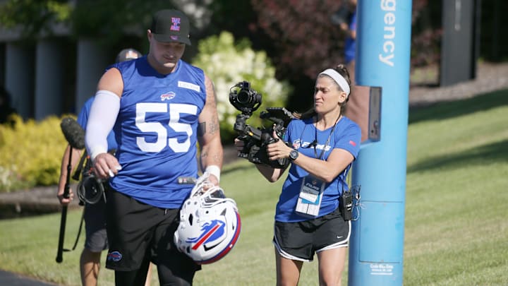 Camera crews from Hard Knocks follow the Bills Michael Hoecht to the field at St. John Fisher University Wednesday, July 23, 2025 in Pittsford. Camera crews from Hard Knocks follow the Bills Michael Hoecht to the field at St. John Fisher University Wednesday, July 23, 2025 in Pittsford.