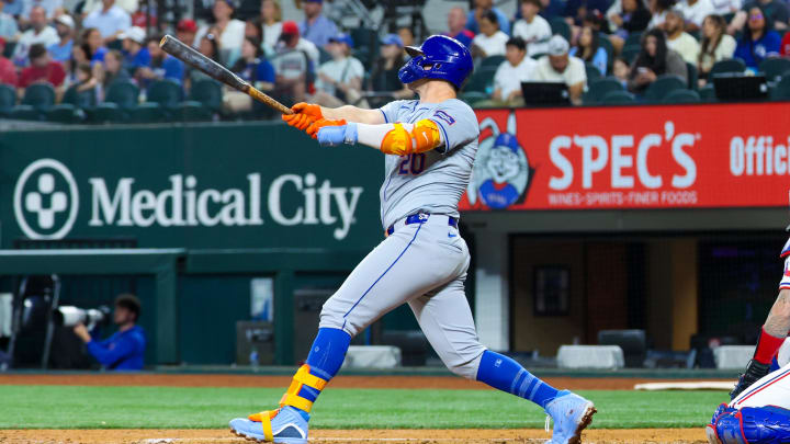 Jun 19, 2024; Arlington, Texas, USA; New York Mets first baseman Pete Alonso (20) hits a two-run home run during the sixth inning against the Texas Rangers at Globe Life Field. Mandatory Credit: Kevin Jairaj-USA TODAY Sports