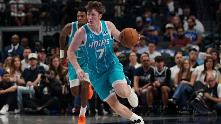 Oct 11, 2025; Dallas, Texas, USA; Charlotte Hornets guard/forward Kon Knueppel (7) dribbles up court against the Dallas Mavericks in the first half of a game at American Airlines Center. Mandatory Credit: Raymond Carlin III-Imagn Images Oct 11, 2025; Dallas, Texas, USA; Charlotte Hornets guard/forward Kon Knueppel (7) dribbles up court against the Dallas Mavericks in the first half of a game at American Airlines Center. Mandatory Credit: Raymond Carlin III-Imagn Images