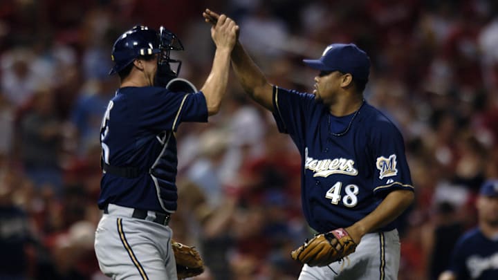 Aug 4, 2006; St. Louis, MO, USA; Milwaukee Brewers pitcher Francisco Cordero (48) and catcher Damian Miller (26) congratulate each other after defeating the St. Louis Cardinals 4-3 at Busch Stadium. Mandatory Credit: Photo by Scott Rovak-Imagn Images (©) Copyright 2006 by Scott Rovak