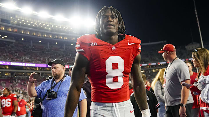 Ohio State Buckeyes linebacker Arvell Reese (8) leaves the field following the NCAA football game against the Ohio Bobcats at Ohio Stadium on Sept. 13, 2025. Ohio State won 37-9.