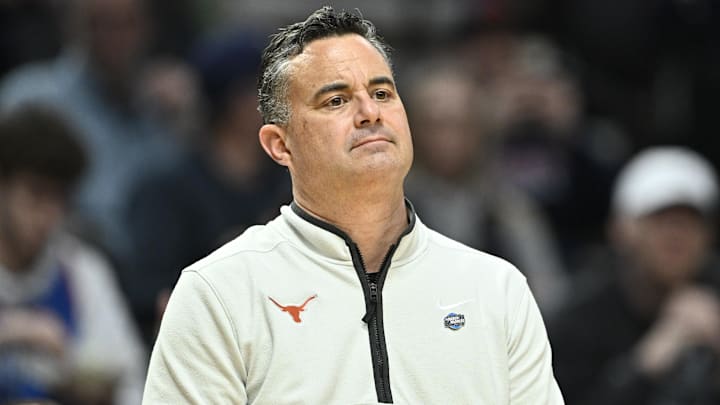 Texas Longhorns head coach Sean Miller in the first half against the BYU Cougars during a first round game of the men's 2026 NCAA Tournament at Moda Center. 