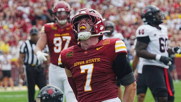 Iowa State linebacker Sullivan Schlimgen (7) celebrates after a tackle Southeast Missouri quarterback Braylen Ragland (7) during the first quarter in the week one NCAA football at Jack Trice Stadium on Sept. 5, 2026, in Ames, Iowa. Iowa State linebacker Sullivan Schlimgen (7) celebrates after a tackle Southeast Missouri quarterback Braylen Ragland (7) during the first quarter in the week one NCAA football at Jack Trice Stadium on Sept. 5, 2026, in Ames, Iowa.