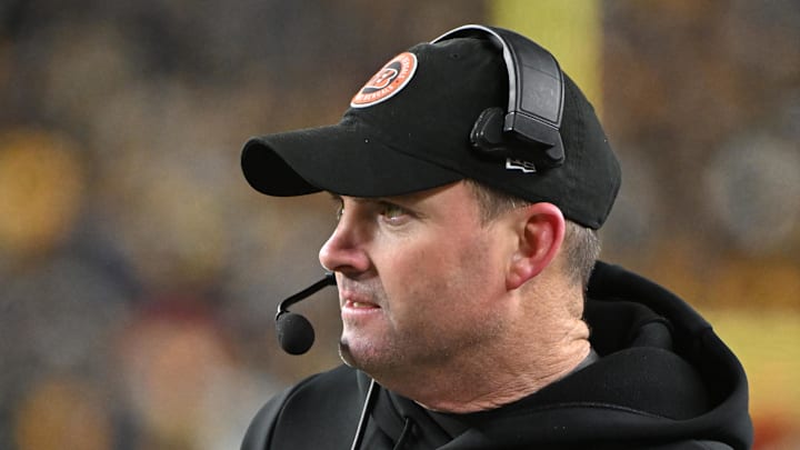 Jan 4, 2025; Pittsburgh, Pennsylvania, USA; Cincinnati Bengals head coach Zac Taylor looks on during the third quarter against the Pittsburgh Steelers at Acrisure Stadium. Mandatory Credit: Barry Reeger-Imagn Images