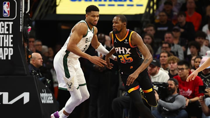 Feb 6, 2024; Phoenix, Arizona, USA; Milwaukee Bucks forward Giannis Antetokounmpo (34) against Phoenix Suns forward Kevin Durant (35) at Footprint Center. Mandatory Credit: Mark J. Rebilas-Imagn Images Feb 6, 2024; Phoenix, Arizona, USA; Milwaukee Bucks forward Giannis Antetokounmpo (34) against Phoenix Suns forward Kevin Durant (35) at Footprint Center. Mandatory Credit: Mark J. Rebilas-Imagn Images