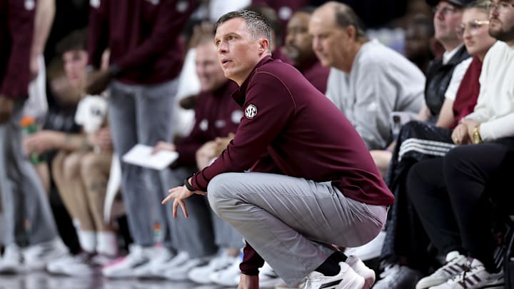 Nov 25, 2025; College Station, Texas, USA; Texas A&M Aggies head coach Bucky McMillan looks on during the first half against the Mississippi Valley State Delta Devils at Reed Arena. Mandatory Credit: Maria Lysaker-Imagn Images 