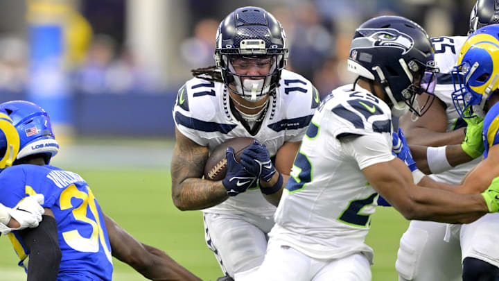 Jan 5, 2025; Inglewood, California, USA; Seattle Seahawks wide receiver Jaxon Smith-Njigba (11) runs the ball in the first half against the Los Angeles Rams at SoFi Stadium. Mandatory Credit: Jayne Kamin-Oncea-Imagn Images Jan 5, 2025; Inglewood, California, USA; Seattle Seahawks wide receiver Jaxon Smith-Njigba (11) runs the ball in the first half against the Los Angeles Rams at SoFi Stadium. Mandatory Credit: Jayne Kamin-Oncea-Imagn Images