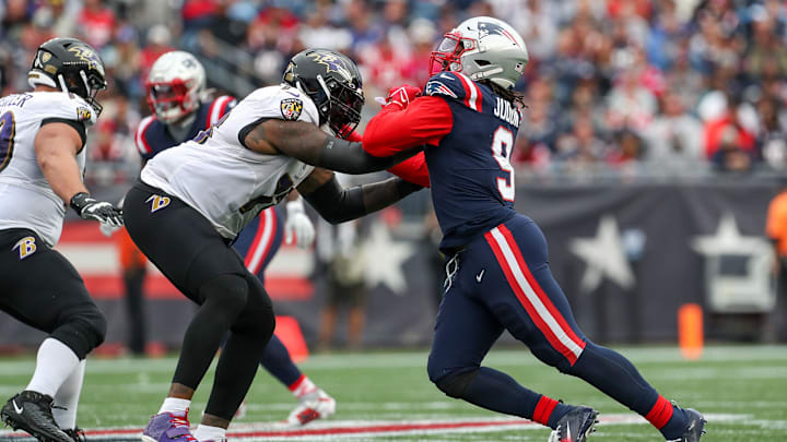 Sep 25, 2022; Foxborough, Massachusetts, USA; New England Patriots outside linebacker Matt Judon (9) during the second half against the Baltimore Ravens at Gillette Stadium. Mandatory Credit: Paul Rutherford-Imagn Images