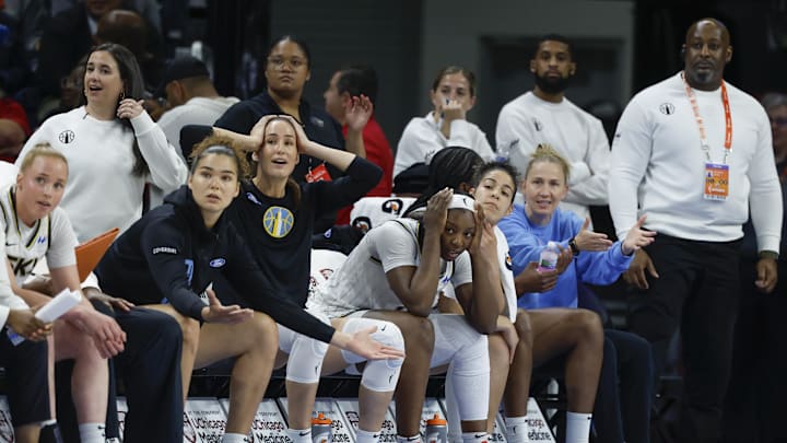 Aug 23, 2025; Chicago, Illinois, USA; Chicago Sky players react to a call against their team during the first half of a WNBA game against the Connecticut Sun at Wintrust Arena. Mandatory Credit: Kamil Krzaczynski-Imagn Images Aug 23, 2025; Chicago, Illinois, USA; Chicago Sky players react to a call against their team during the first half of a WNBA game against the Connecticut Sun at Wintrust Arena. Mandatory Credit: Kamil Krzaczynski-Imagn Images