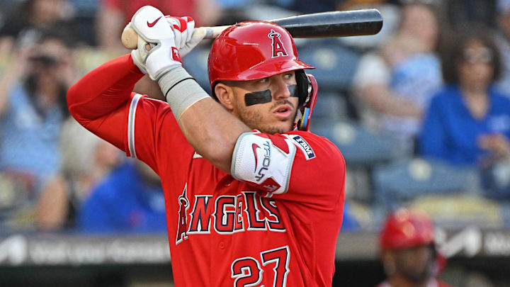 Apr 24, 2026; Kansas City, Missouri, USA;  Los Angeles Angels center fielder Mike Trout (27) at bat against the Kansas City Royals in the first inning at Kauffman Stadium. Mandatory Credit: Peter Aiken-Imagn Images