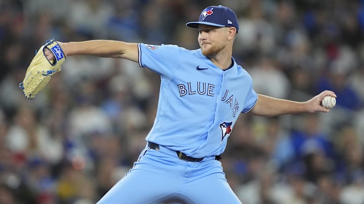 Apr 29, 2026; Toronto, Ontario, CAN; Toronto Blue Jays starting pitcher Eric Lauer (56) pitches to the Boston Red Sox during the fourth inning at Rogers Centre. Apr 29, 2026; Toronto, Ontario, CAN; Toronto Blue Jays starting pitcher Eric Lauer (56) pitches to the Boston Red Sox during the fourth inning at Rogers Centre.