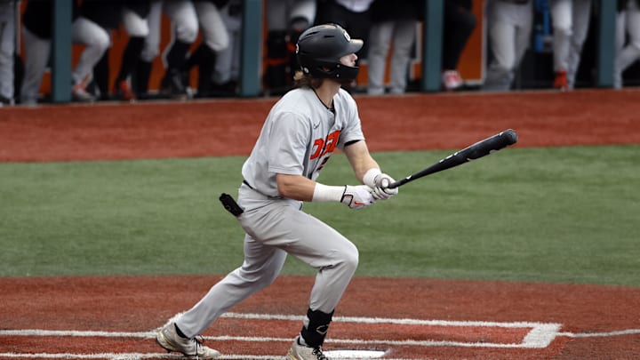 Jun 12, 2022; Corvallis, OR, USA; Oregon State Beavers outfielder Jacob Melton (29) hits a solo home