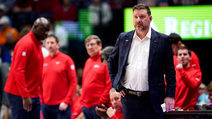 Mississippi coach Chris Beard watches his team face Alabama during the second half of a SEC tournament quarterfinal game at Bridgestone Arena in Nashville, Tenn., Friday, March 13, 2026. Mississippi coach Chris Beard watches his team face Alabama during the second half of a SEC tournament quarterfinal game at Bridgestone Arena in Nashville, Tenn., Friday, March 13, 2026.