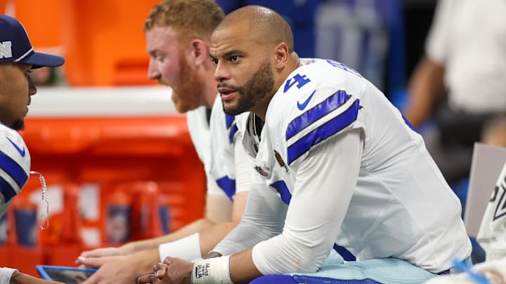 Nov 3, 2024; Atlanta, Georgia, USA; Dallas Cowboys quarterback Dak Prescott (4) on the bench against the Atlanta Falcons in the fourth quarter at Mercedes-Benz Stadium. Mandatory Credit: Brett Davis-Imagn Images
