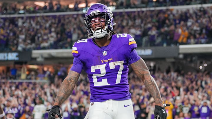 Dec 29, 2024; Minneapolis, Minnesota, USA; Minnesota Vikings running back Cam Akers (27) celebrates his touchdown against Green Bay Packers in the third quarter at U.S. Bank Stadium. Dec 29, 2024; Minneapolis, Minnesota, USA; Minnesota Vikings running back Cam Akers (27) celebrates his touchdown against Green Bay Packers in the third quarter at U.S. Bank Stadium.