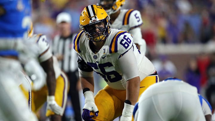 Sep 30, 2023; Oxford, Mississippi, USA; LSU Tigers offensive linemen Will Campbell (66) lines up before the snap during the second half against the Mississippi Rebels at Vaught-Hemingway Stadium. Mandatory Credit: Petre Thomas-Imagn Images Sep 30, 2023; Oxford, Mississippi, USA; LSU Tigers offensive linemen Will Campbell (66) lines up before the snap during the second half against the Mississippi Rebels at Vaught-Hemingway Stadium. Mandatory Credit: Petre Thomas-Imagn Images