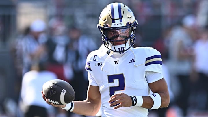 Sep 20, 2025; Pullman, Washington, USA; Washington Huskies quarterback Demond Williams Jr. (2) warms up before Apple Cup game against the Washington State Cougars at Gesa Field at Martin Stadium. Mandatory Credit: James Snook-Imagn Images