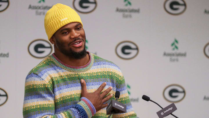 Green Bay Packers edge rusher Micah Parsons speaks during an introductory press conference on Friday, August 29, 2025, at Lambeau Field in Green Bay, Wis. The Packers made a trade with the Dallas Cowboys on Aug. 28 to acquire Parsons in exchange for defensive tackle Kenny Clark and two first round picks.