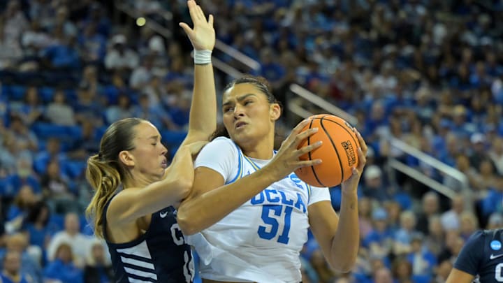 Mar 21, 2026; Los Angeles, CA, USA; UCLA Bruins center Lauren Betts (51) is defended by California Baptist Lancers center Emma Johansson (14) in the first half at Pauley Pavilion. Mandatory Credit: Jayne Kamin-Oncea-Imagn Images Mar 21, 2026; Los Angeles, CA, USA; UCLA Bruins center Lauren Betts (51) is defended by California Baptist Lancers center Emma Johansson (14) in the first half at Pauley Pavilion. Mandatory Credit: Jayne Kamin-Oncea-Imagn Images