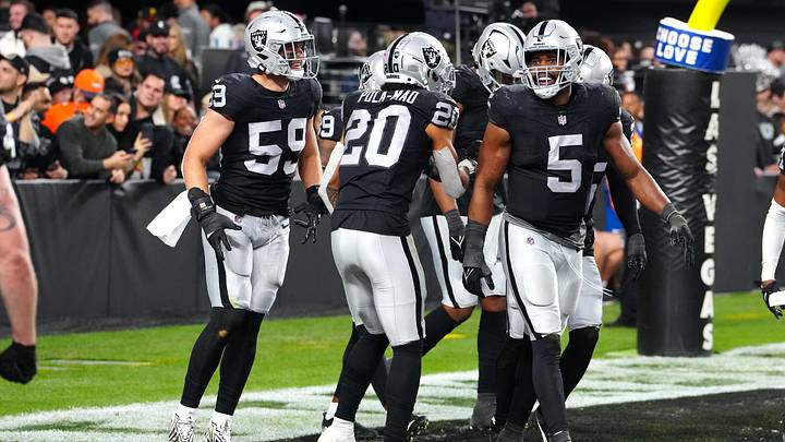 Jan 7, 2024; Paradise, Nevada, USA; Las Vegas Raiders players celebrate after Las Vegas Raiders safety Tre'von Moehrig (25) intercepted a Denver Broncos quarterback Jarrett Stidham (4) pass during the fourth quarter at Allegiant Stadium. Mandatory Credit: Stephen R. Sylvanie-USA TODAY Sports Jan 7, 2024; Paradise, Nevada, USA; Las Vegas Raiders players celebrate after Las Vegas Raiders safety Tre'von Moehrig (25) intercepted a Denver Broncos quarterback Jarrett Stidham (4) pass during the fourth quarter at Allegiant Stadium. Mandatory Credit: Stephen R. Sylvanie-USA TODAY Sports