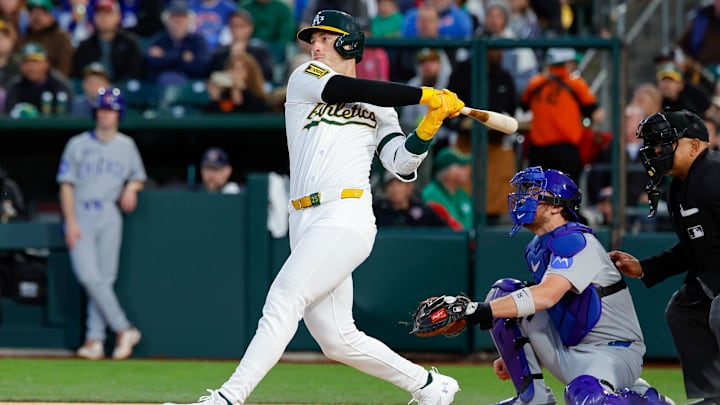 Mar 31, 2025; West Sacramento, California, USA; Athletics outfielder Brent Rooker during the game against the Chicago Cubs at Sutter Health Park. Mandatory Credit: Sergio Estrada-Imagn Images