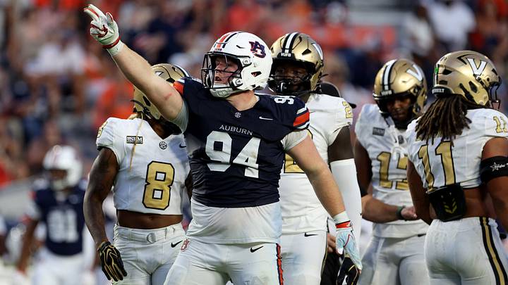 Sep 26, 2026; Auburn, Alabama, USA;  Auburn Tigers lineman Cody Sigler (94) signals first down after the Tigers converted a fourth & short during the fourth quarter against the Vanderbilt Commodores at Jordan-Hare Stadium.  Mandatory Credit: John Reed-Imagn Images