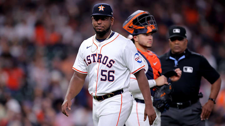 Houston Astros starting pitcher Ronel Blanco walks off the field after getting ejected Tuesday night.