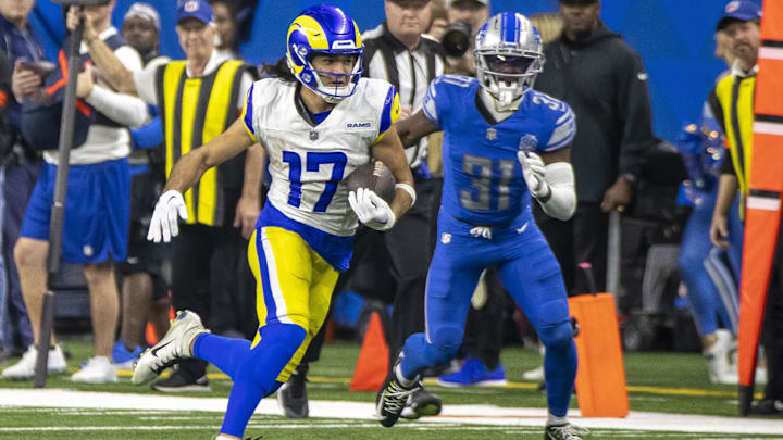 Jan 14, 2024; Detroit, Michigan, USA; Los Angeles Rams wide receiver Puka Nacua (17) runs from Detroit Lions safety Kerby Joseph (31) during the second half of a 2024 NFC wild card game at Ford Field. Mandatory Credit: David Reginek-Imagn Images Jan 14, 2024; Detroit, Michigan, USA; Los Angeles Rams wide receiver Puka Nacua (17) runs from Detroit Lions safety Kerby Joseph (31) during the second half of a 2024 NFC wild card game at Ford Field. Mandatory Credit: David Reginek-Imagn Images