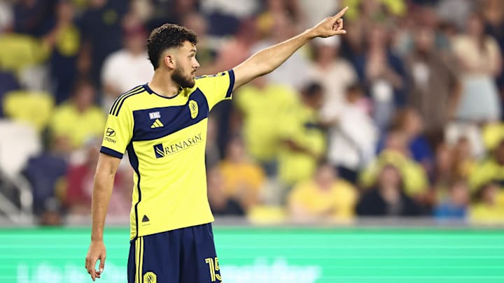 Aug 24, 2024; Nashville, Tennessee, USA; Nashville SC midfielder Patrick Yazbek (15) gestures after a play against Austin FC during the first half at Geodis Park. Mandatory Credit: Casey Gower-USA TODAY Sports