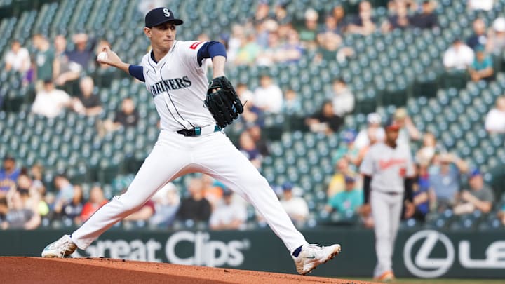 Seattle Mariners pitcher George Kirby throws during a game against the Baltimore Orioles on June 3 at T-Mobile Park. Seattle Mariners pitcher George Kirby throws during a game against the Baltimore Orioles on June 3 at T-Mobile Park.