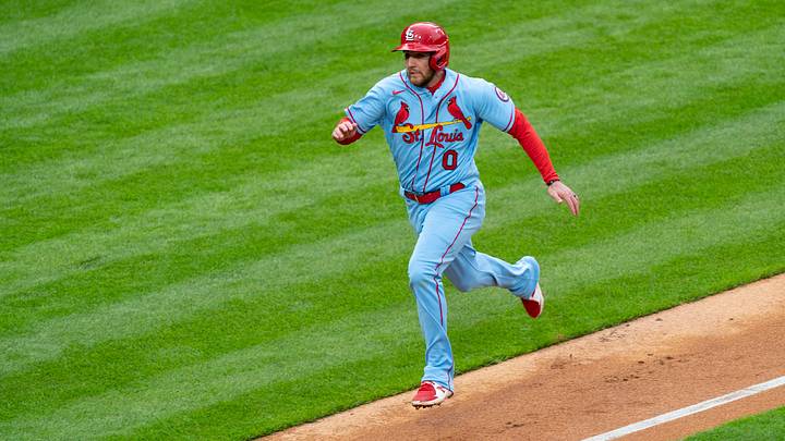 Apr 17, 2021; Philadelphia, Pennsylvania, USA; St. Louis Cardinals left fielder Austin Dean (0) scores a run on St. Louis Cardinals center fielder Dylan Carlson (3) (not pictured) RBI single during the third inning against the Philadelphia Phillies at Citizens Bank Park. Mandatory Credit: Gregory Fisher-USA TODAY Sports Apr 17, 2021; Philadelphia, Pennsylvania, USA; St. Louis Cardinals left fielder Austin Dean (0) scores a run on St. Louis Cardinals center fielder Dylan Carlson (3) (not pictured) RBI single during the third inning against the Philadelphia Phillies at Citizens Bank Park. Mandatory Credit: Gregory Fisher-USA TODAY Sports