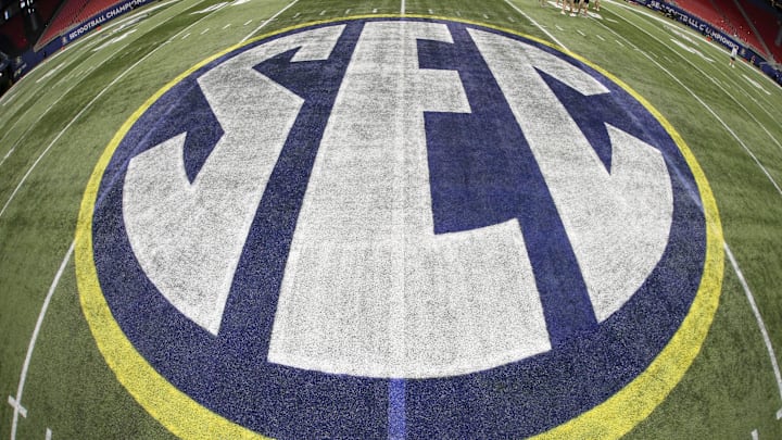 Dec 4, 2021; Atlanta, GA, USA; Detailed view of the SEC logo on the field before the SEC