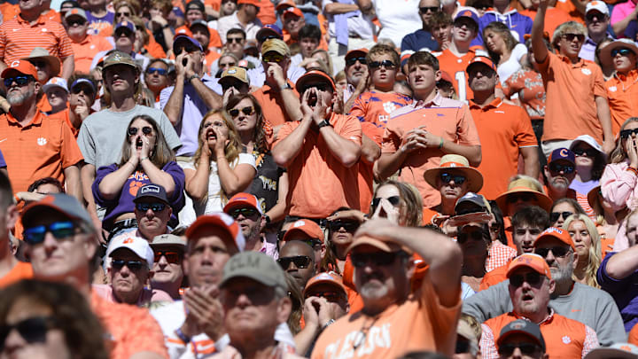 Oct 19, 2024; Clemson, South Carolina, USA; Clemson Tigers fans react during a game against the Virginia Cavaliers at Memorial Stadium. Mandatory Credit: Alexander Hicks-Imagn Images