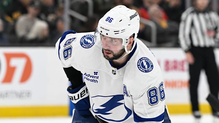 Mar 15, 2025; Boston, Massachusetts, USA; Tampa Bay Lightning right wing Nikita Kucherov (86) waits for the puck to drop during the second period against the Boston Bruins at TD Garden. Mandatory Credit: Eric Canha-Imagn Images